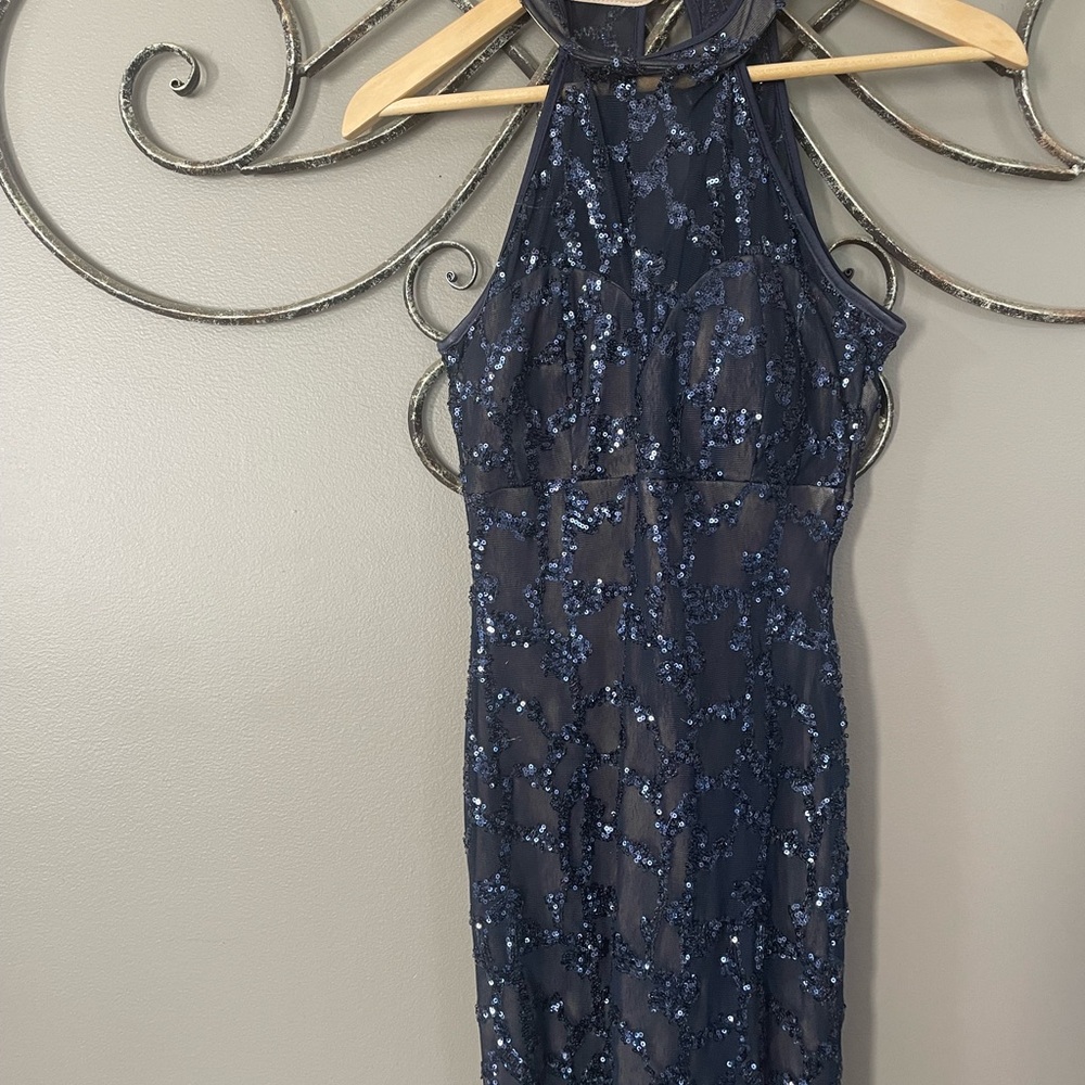 Honey and Rosie Navy Sequin Halter Prom Dress
